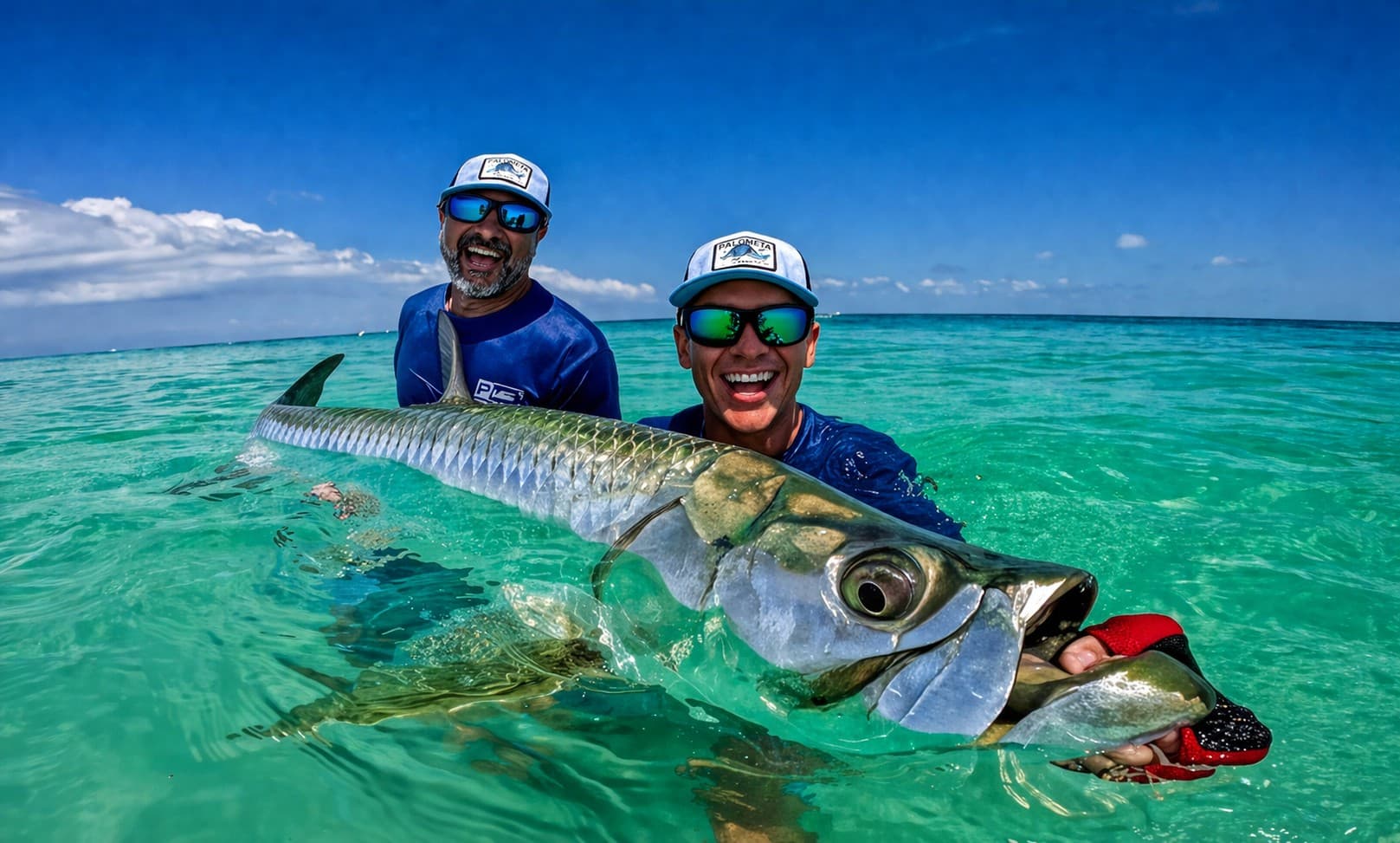 Two anglers in turquoise water holding a large silver tarpon under a bright blue sky